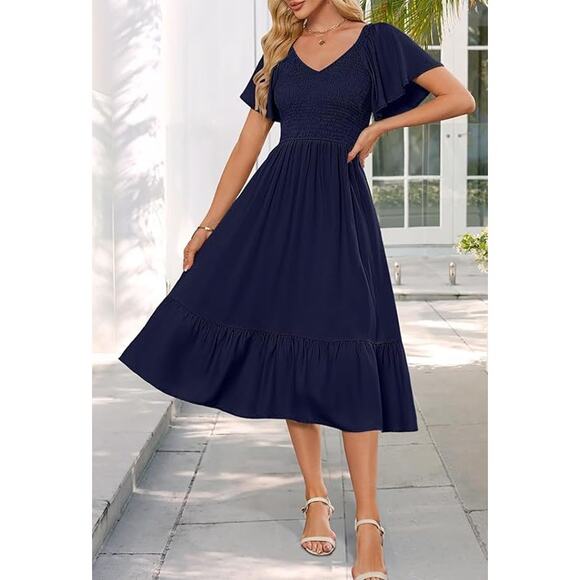 Merokeety Midi Dress Womens XL Blue Smocked Pullover Casual Boho Preppy Nautical - Picture 1 of 10